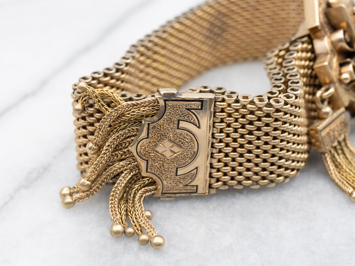 Victorian Seed Pearl Enamel and Gold Tassel Bracelet