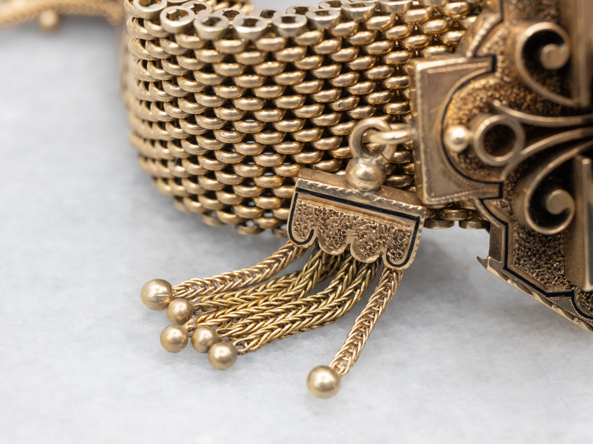 Victorian Seed Pearl Enamel and Gold Tassel Bracelet