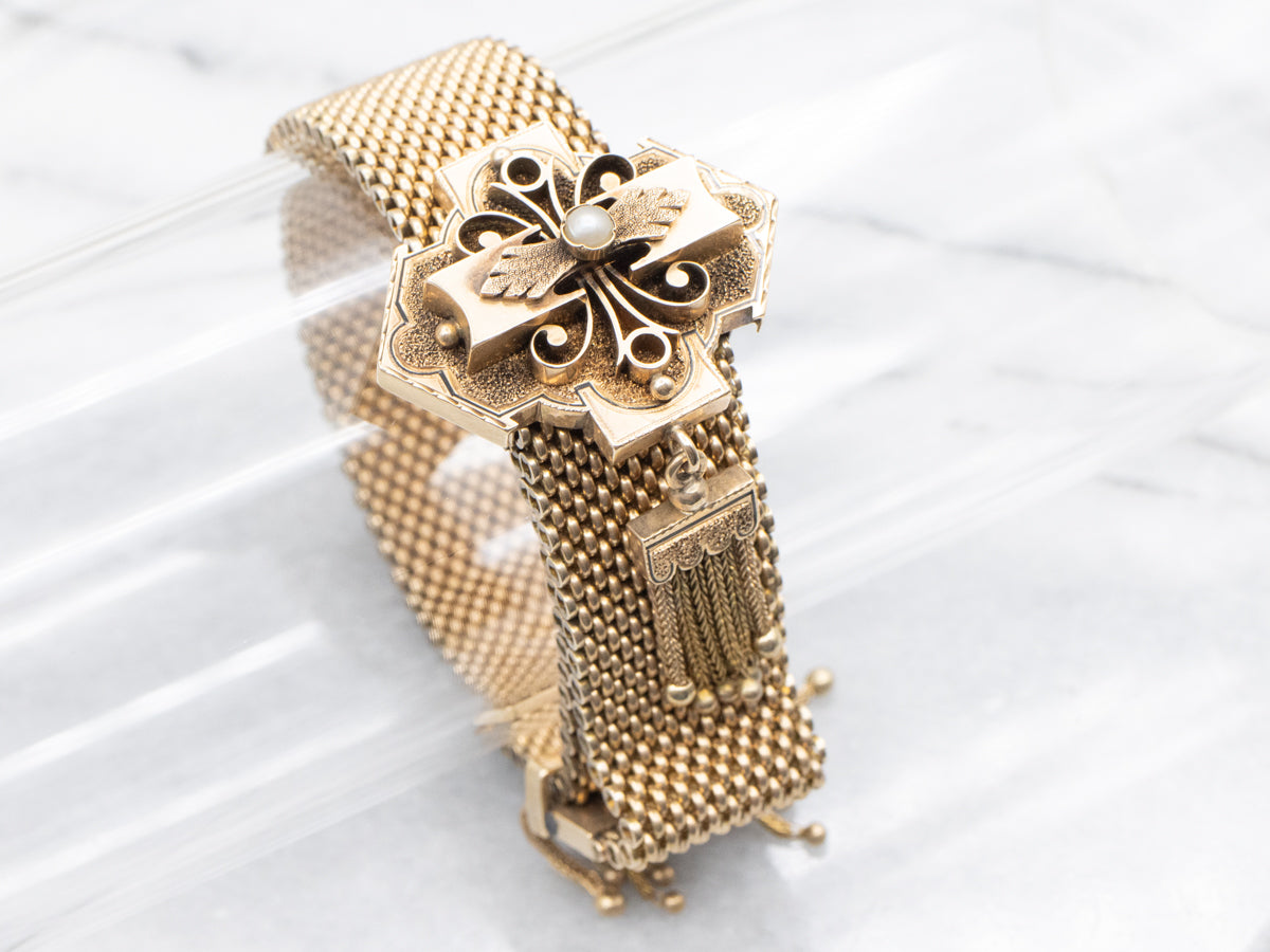 Victorian Seed Pearl Enamel and Gold Tassel Bracelet