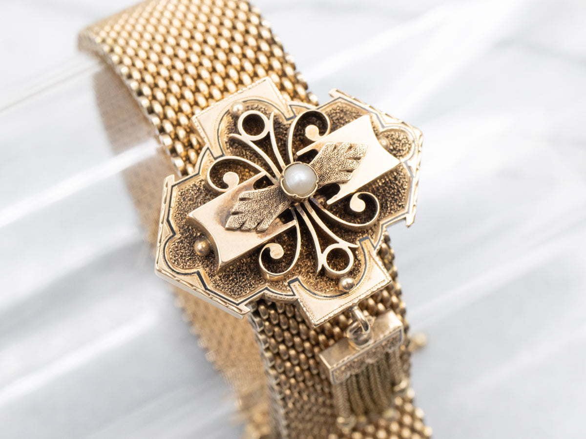 Victorian Seed Pearl Enamel and Gold Tassel Bracelet