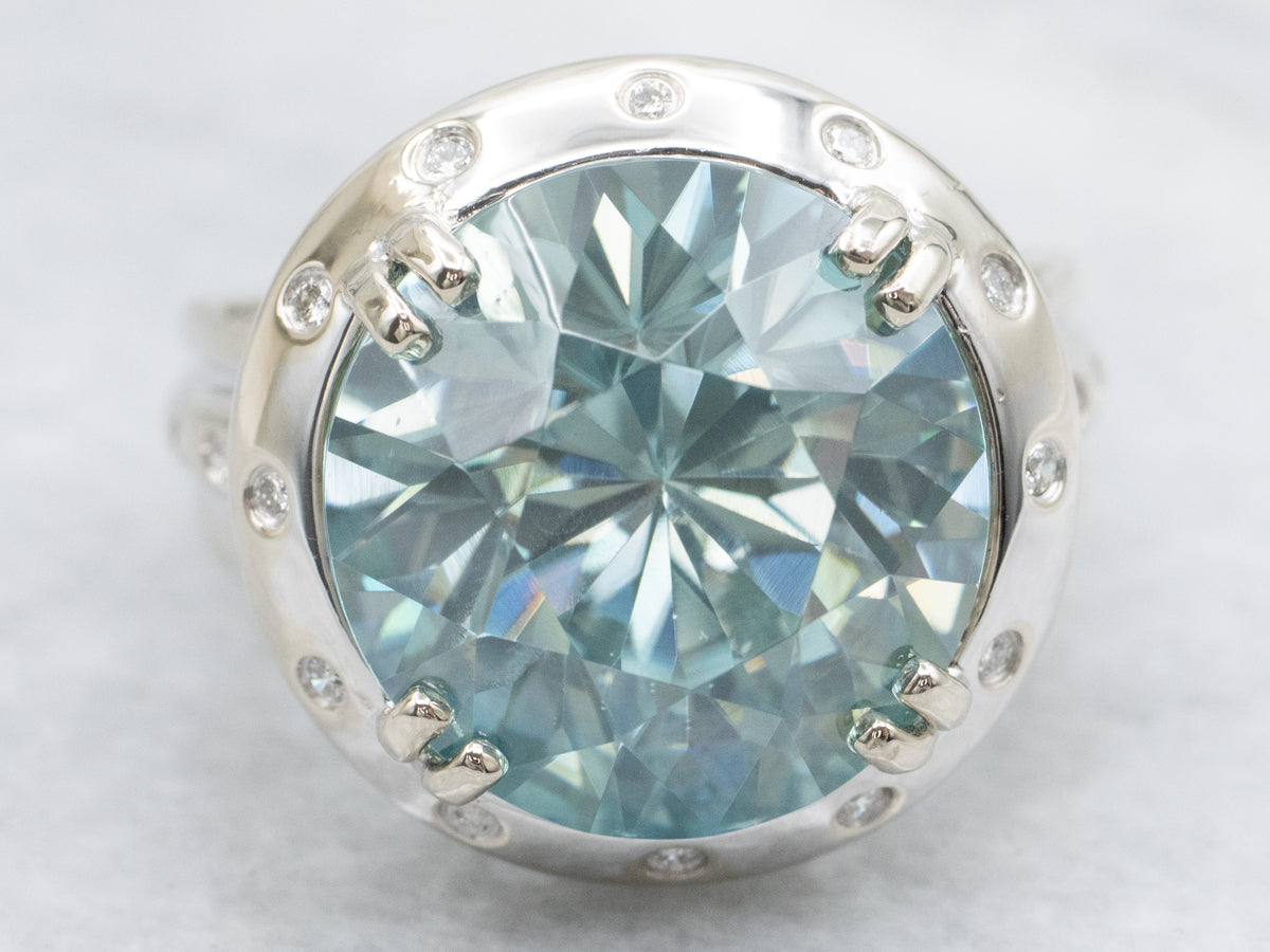 White Gold Blue Zircon and Diamond Cocktail Ring