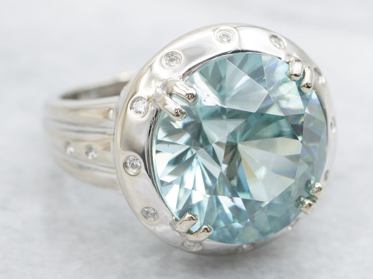 White Gold Blue Zircon and Diamond Cocktail Ring