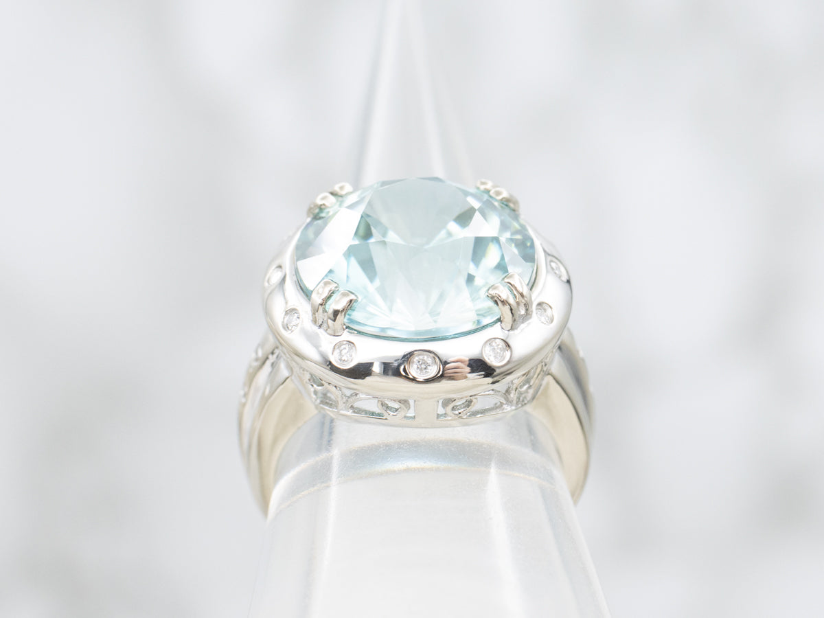 White Gold Blue Zircon and Diamond Cocktail Ring