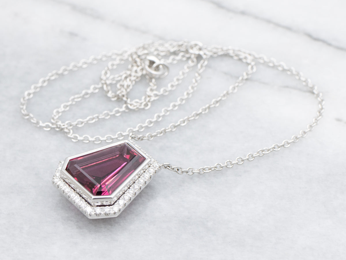 Modern Pink Tourmaline and Diamond Halo Pendant Necklace