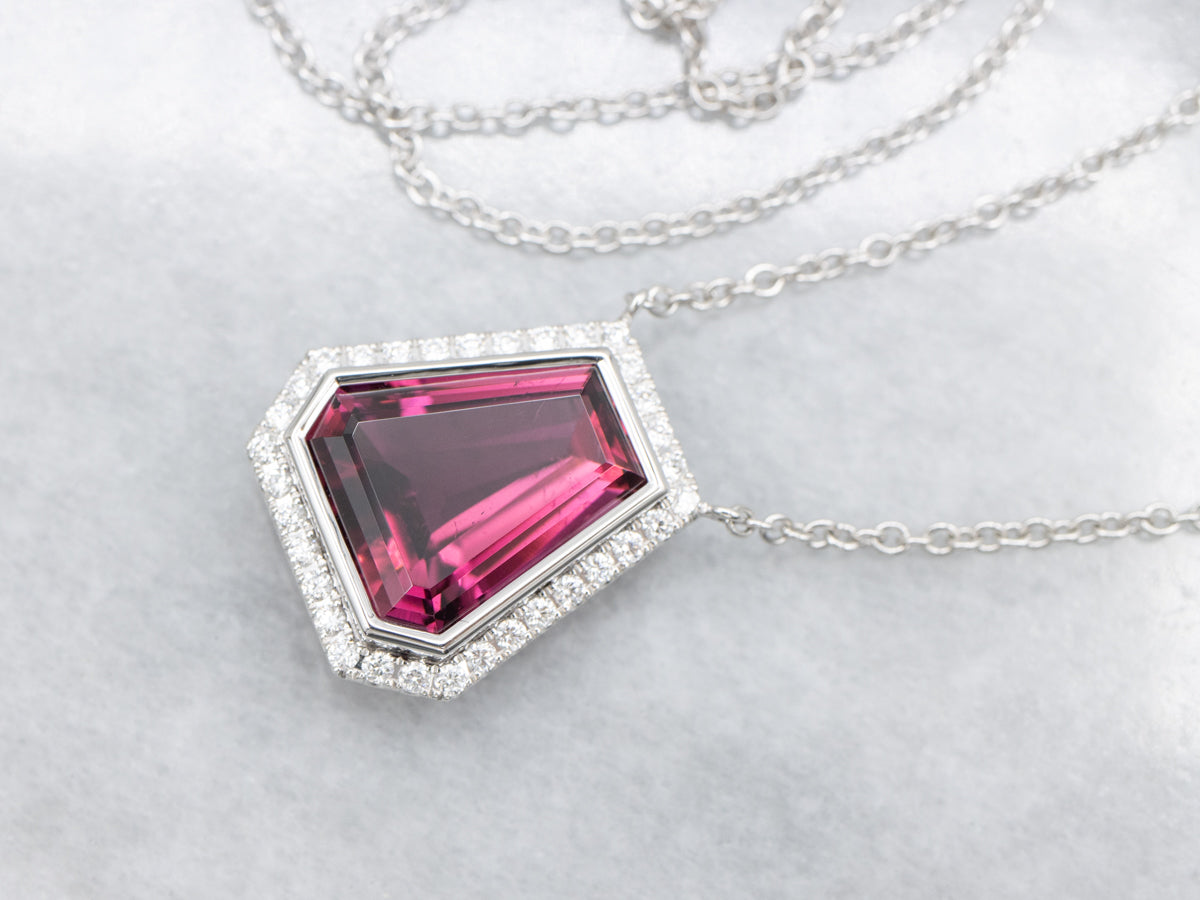 Modern Pink Tourmaline and Diamond Halo Pendant Necklace