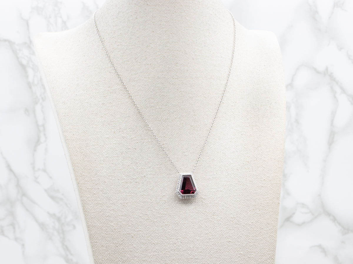 Modern Pink Tourmaline and Diamond Halo Pendant Necklace