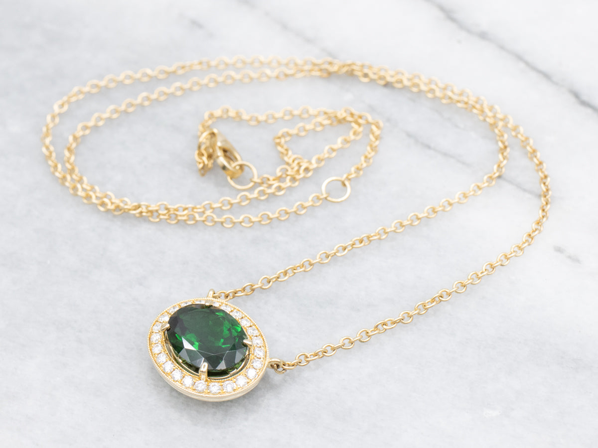 Modern Green Tourmaline and Diamond Halo Pendant Necklace