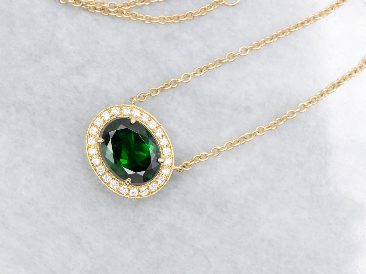 Modern Green Tourmaline and Diamond Halo Pendant Necklace