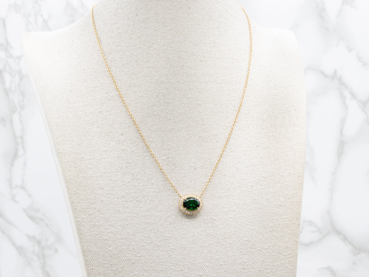 Modern Green Tourmaline and Diamond Halo Pendant Necklace