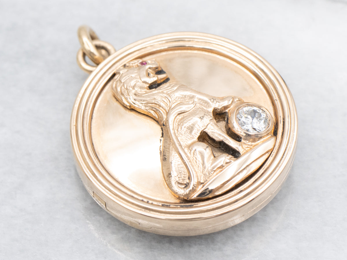 Antique Gold Police Officer Guild POG Diamond and Ruby Eyed Lion Locket