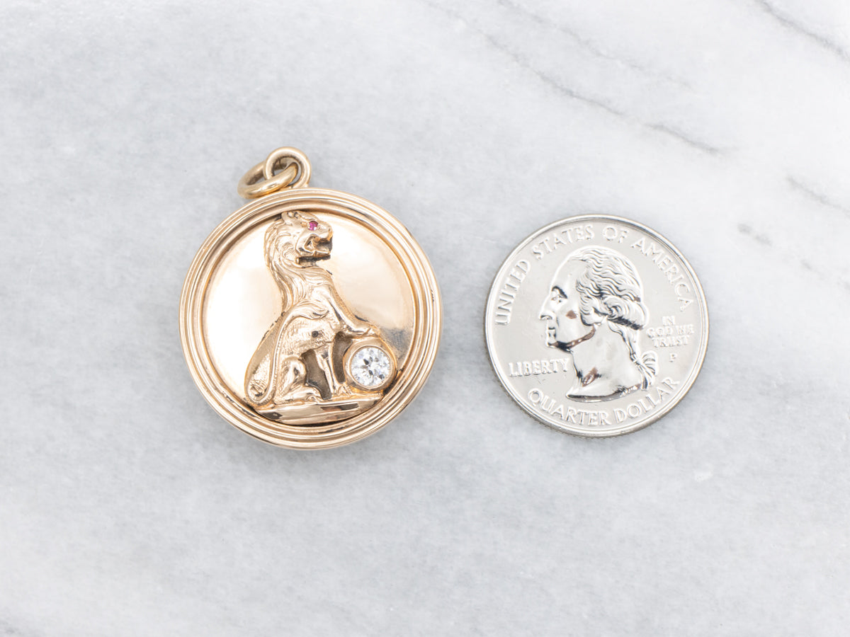 Antique Gold Police Officer Guild POG Diamond and Ruby Eyed Lion Locket