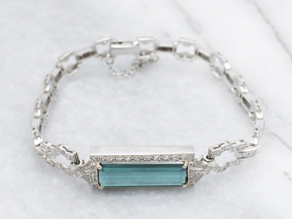 Platinum Retro-Era Indicolite Tourmaline and Diamond Bracelet