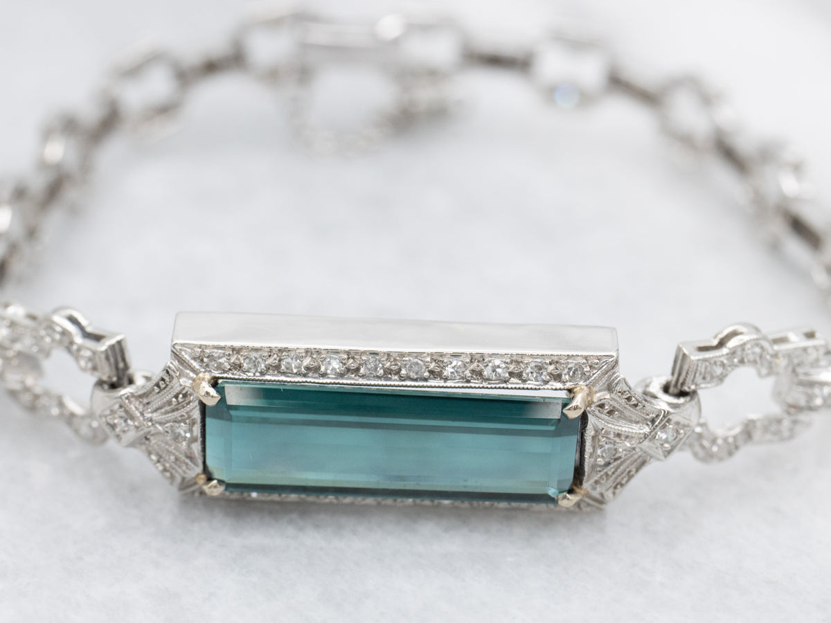 Platinum Retro-Era Indicolite Tourmaline and Diamond Bracelet