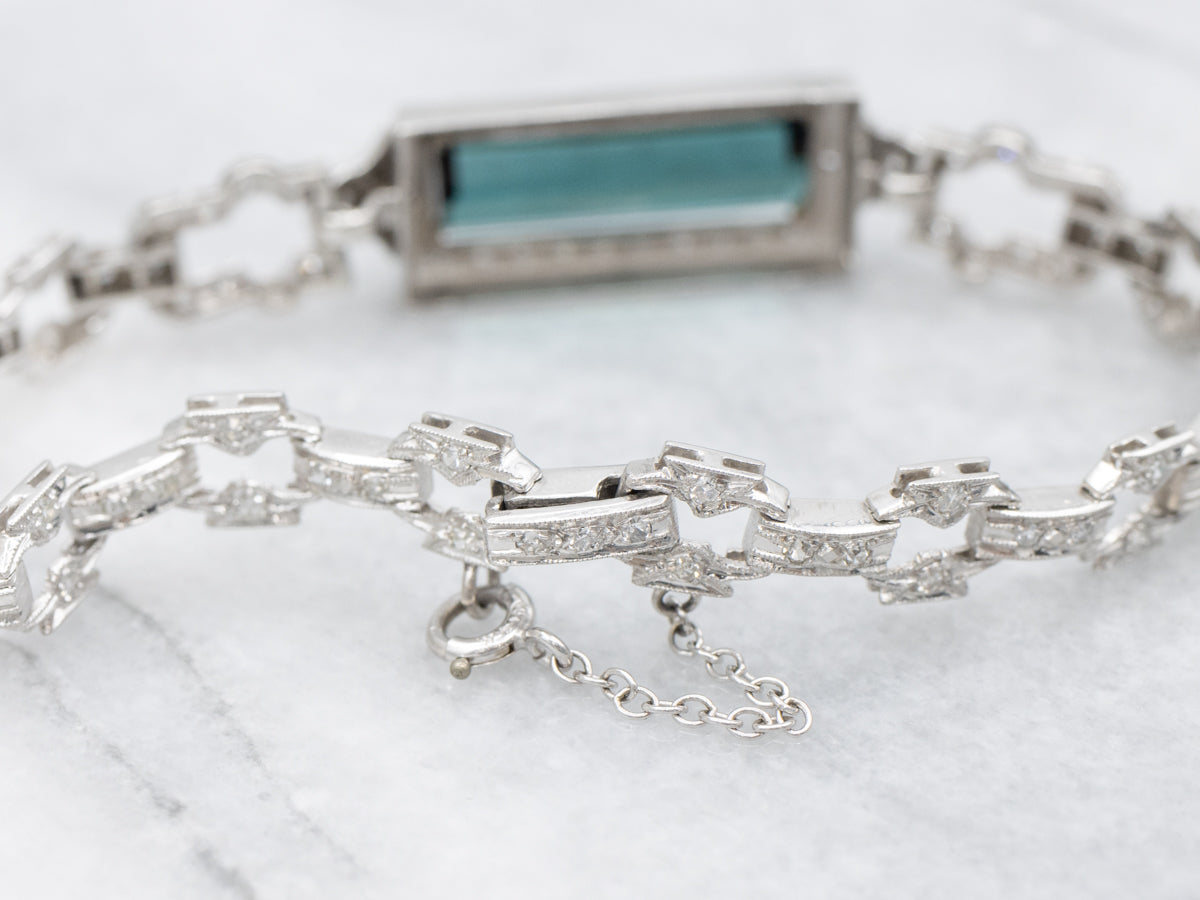 Platinum Retro-Era Indicolite Tourmaline and Diamond Bracelet