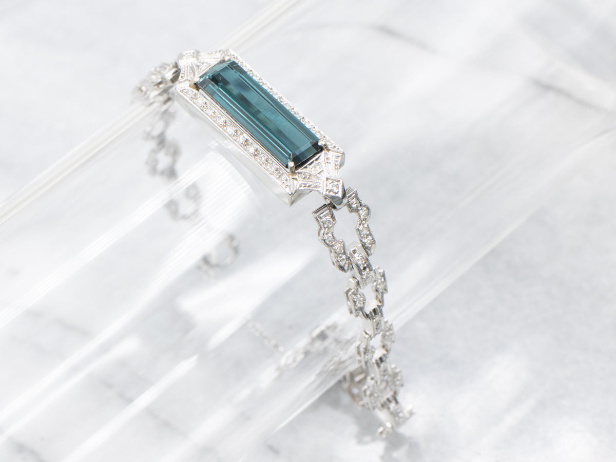 Platinum Retro-Era Indicolite Tourmaline and Diamond Bracelet