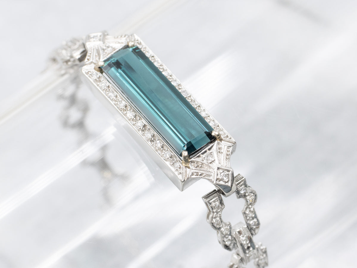 Platinum Retro-Era Indicolite Tourmaline and Diamond Bracelet