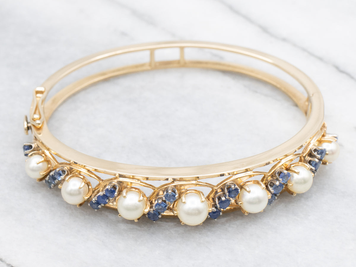 Sparkling Sapphire and Saltwater Pearl Bangle Bracelet