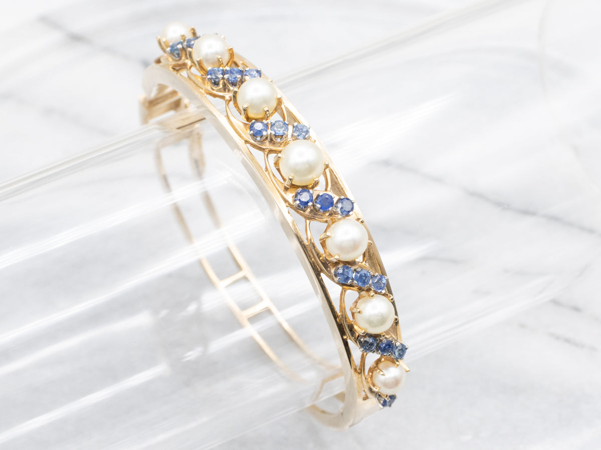 Sparkling Sapphire and Saltwater Pearl Bangle Bracelet