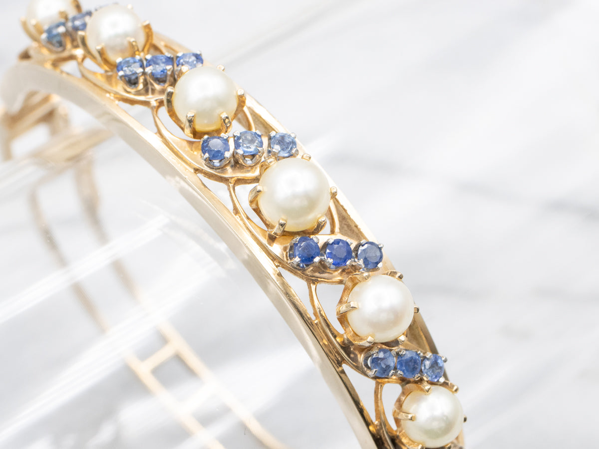 Sparkling Sapphire and Saltwater Pearl Bangle Bracelet