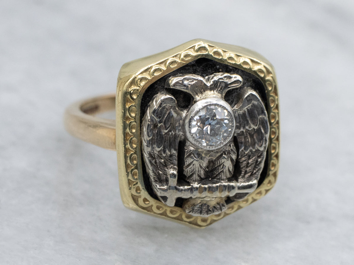 Antique Old Mine Cut Diamond Masonic Ring