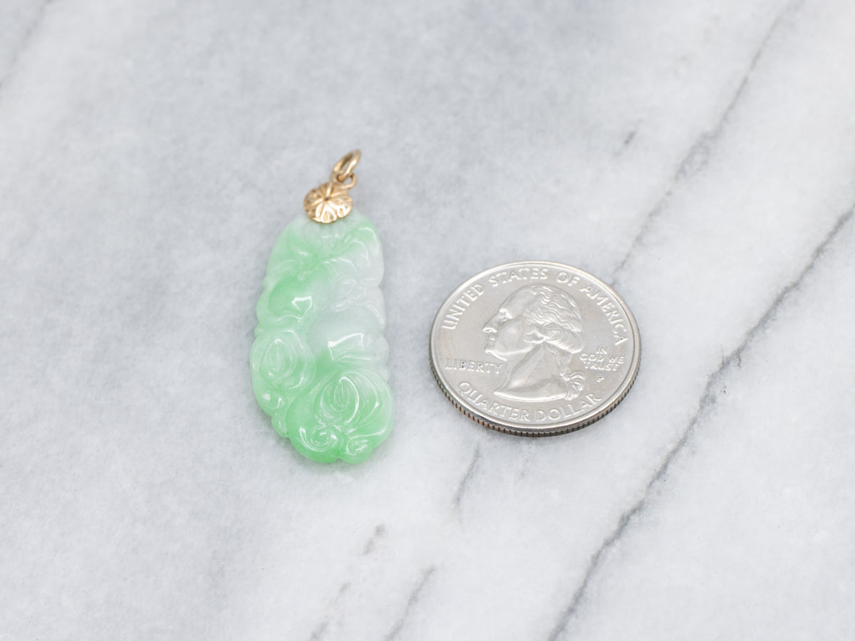 Carved Jadeite Pendant with Yellow Gold Flower Bail