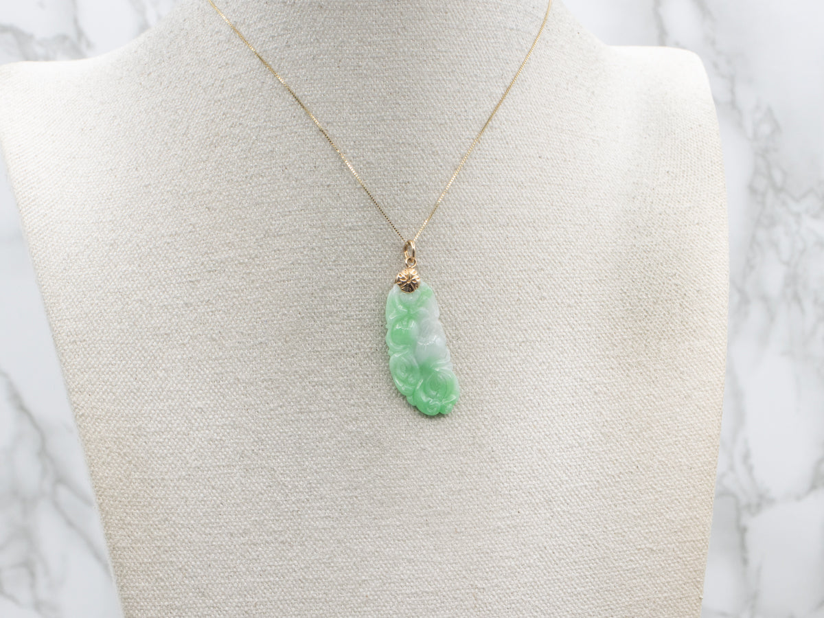 Carved Jadeite Pendant with Yellow Gold Flower Bail