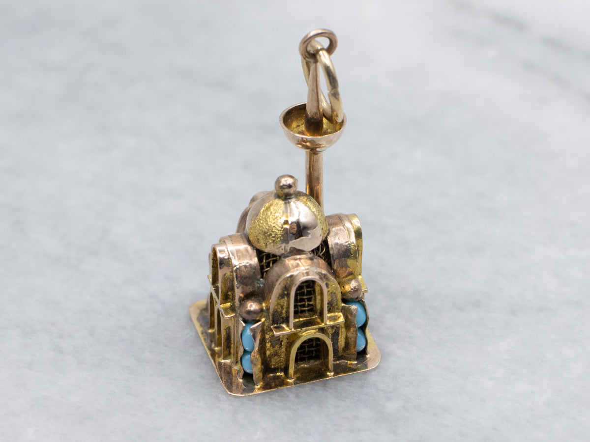 Beautiful Vintage Gold Mosque with Glass Turquoise Details Charm Pendant