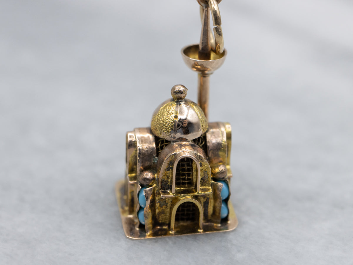 Beautiful Vintage Gold Mosque with Glass Turquoise Details Charm Pendant