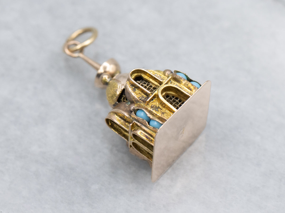 Beautiful Vintage Gold Mosque with Glass Turquoise Details Charm Pendant
