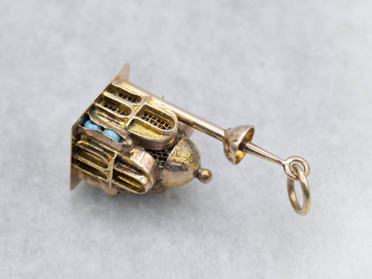 Beautiful Vintage Gold Mosque with Glass Turquoise Details Charm Pendant