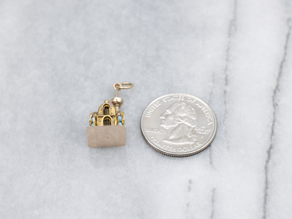 Beautiful Vintage Gold Mosque with Glass Turquoise Details Charm Pendant