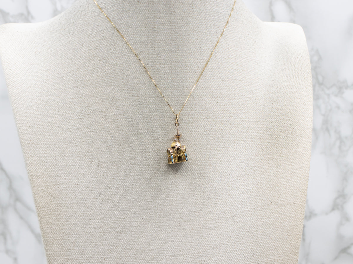 Beautiful Vintage Gold Mosque with Glass Turquoise Details Charm Pendant