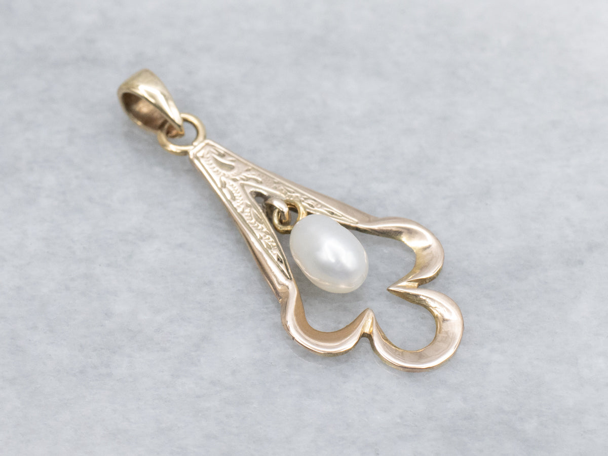 Engraved Gold Spade-Shaped Pendant with Swinging Freshwater Pearl Center