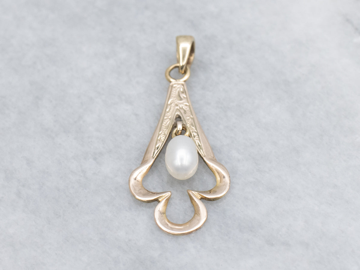 Engraved Gold Spade-Shaped Pendant with Swinging Freshwater Pearl Center