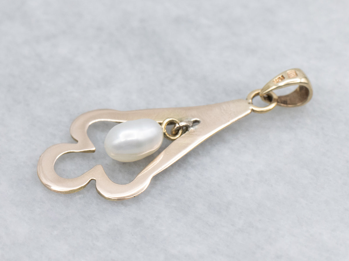 Engraved Gold Spade-Shaped Pendant with Swinging Freshwater Pearl Center