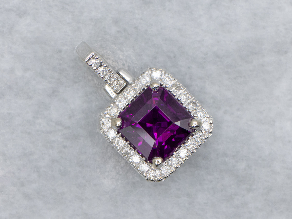 Fuchsia Sapphire and Diamond Halo Pendant