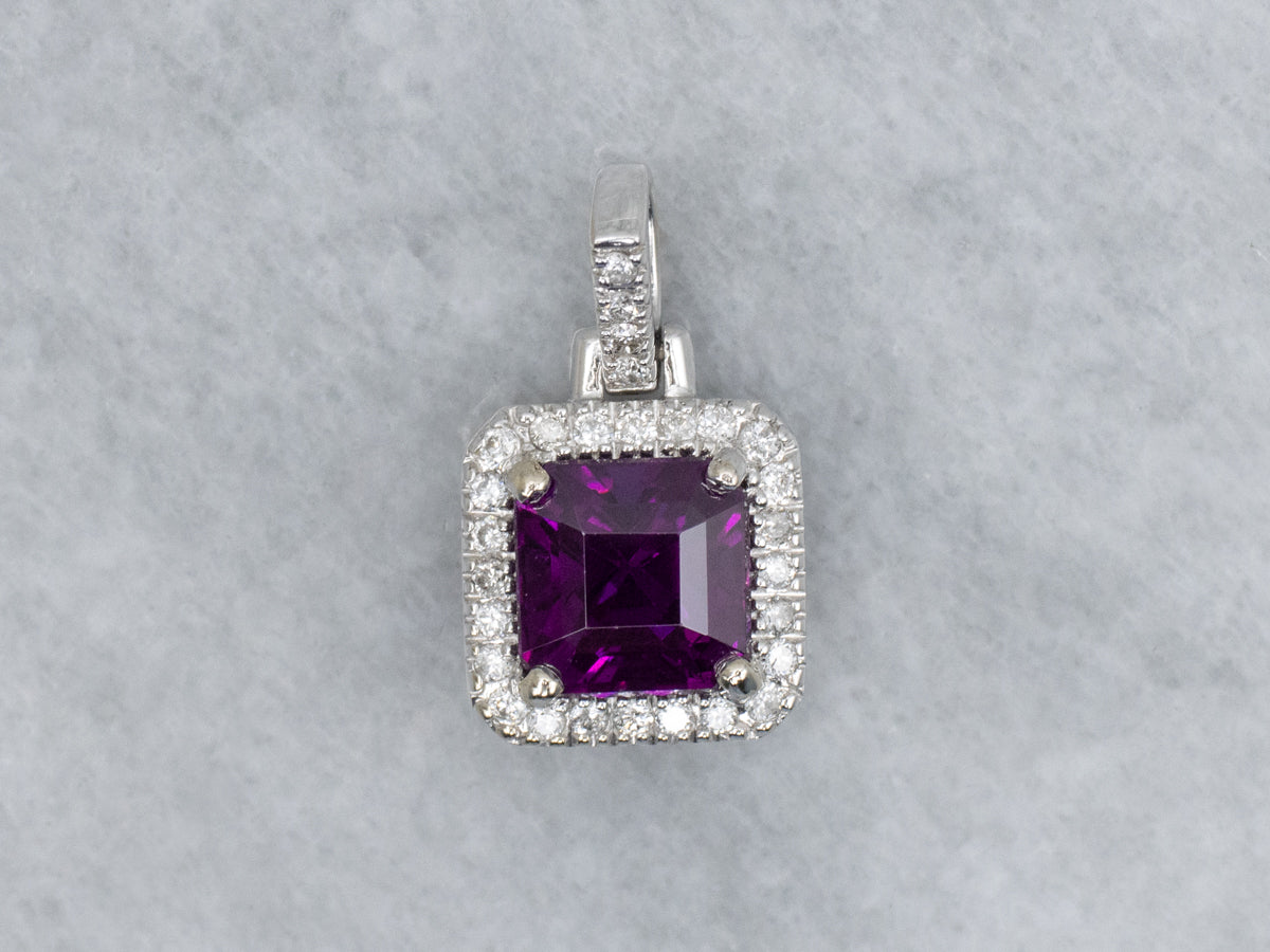 Fuchsia Sapphire and Diamond Halo Pendant