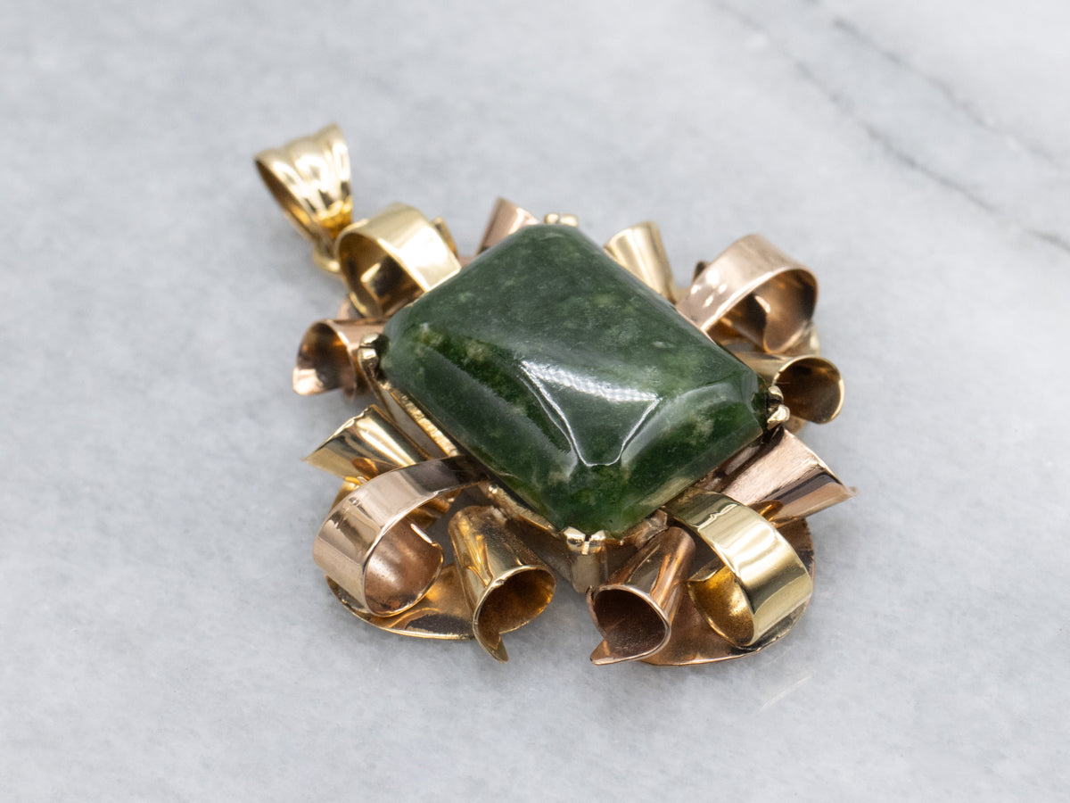 Vintage Italian Gold 1950s Curls Frame Jade Solitaire Pendant