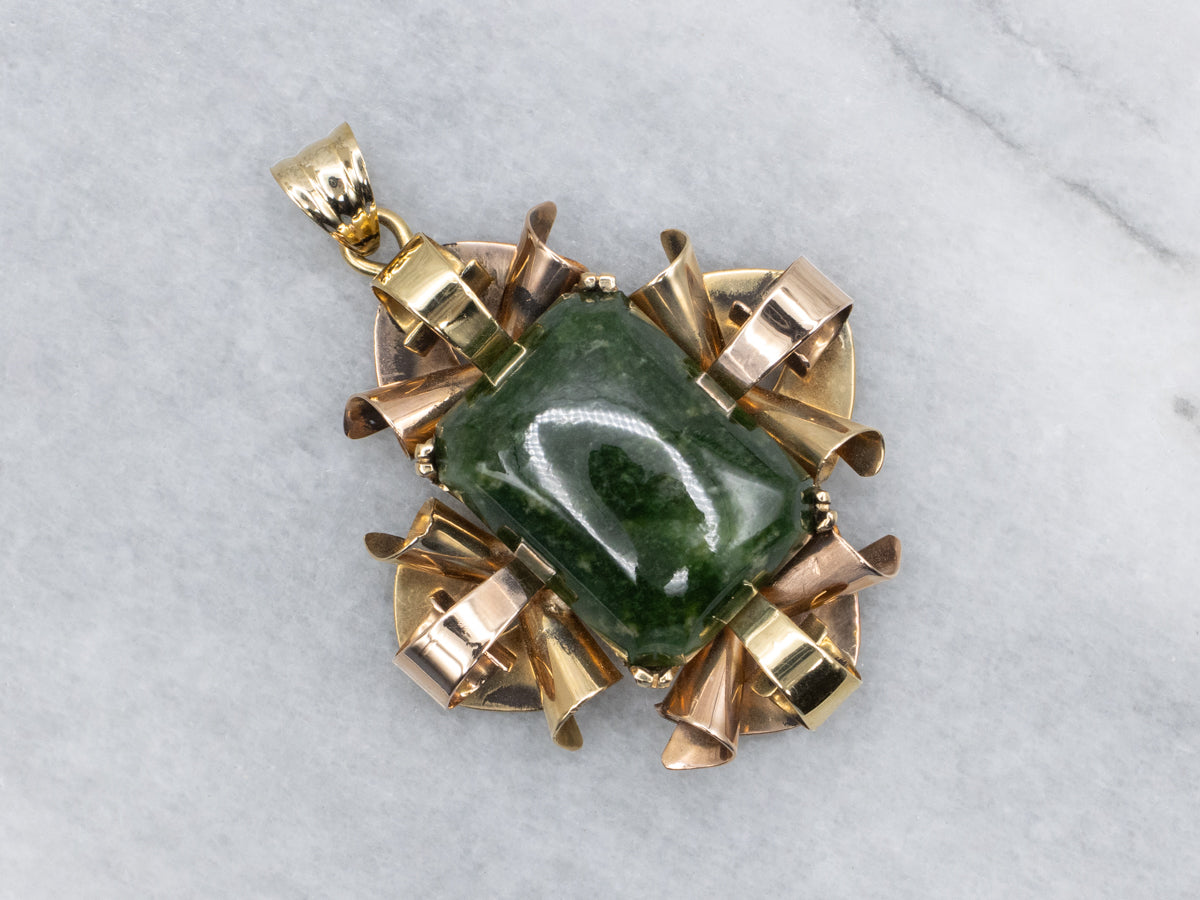 Vintage Italian Gold 1950s Curls Frame Jade Solitaire Pendant