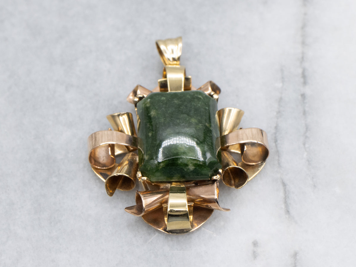 Vintage Italian Gold 1950s Curls Frame Jade Solitaire Pendant