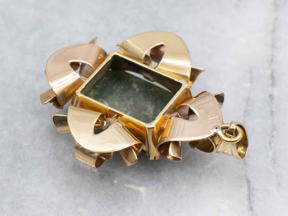 Vintage Italian Gold 1950s Curls Frame Jade Solitaire Pendant