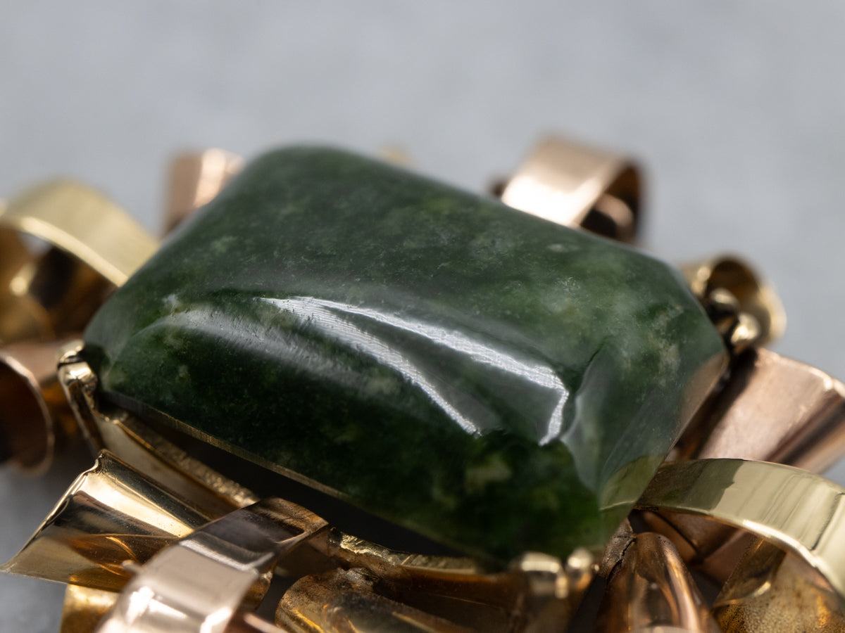 Vintage Italian Gold 1950s Curls Frame Jade Solitaire Pendant