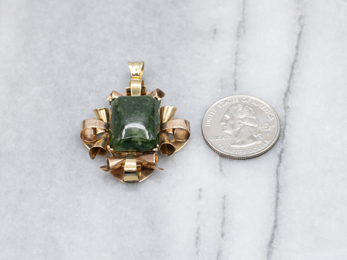 Vintage Italian Gold 1950s Curls Frame Jade Solitaire Pendant