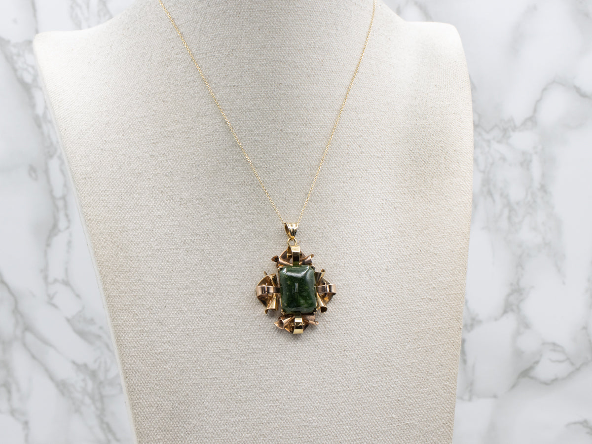 Vintage Italian Gold 1950s Curls Frame Jade Solitaire Pendant
