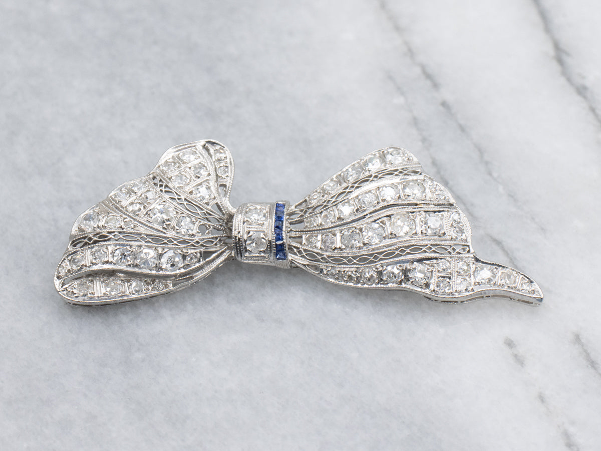 Platinum Art Deco Diamond and Sapphire Filigree Pin