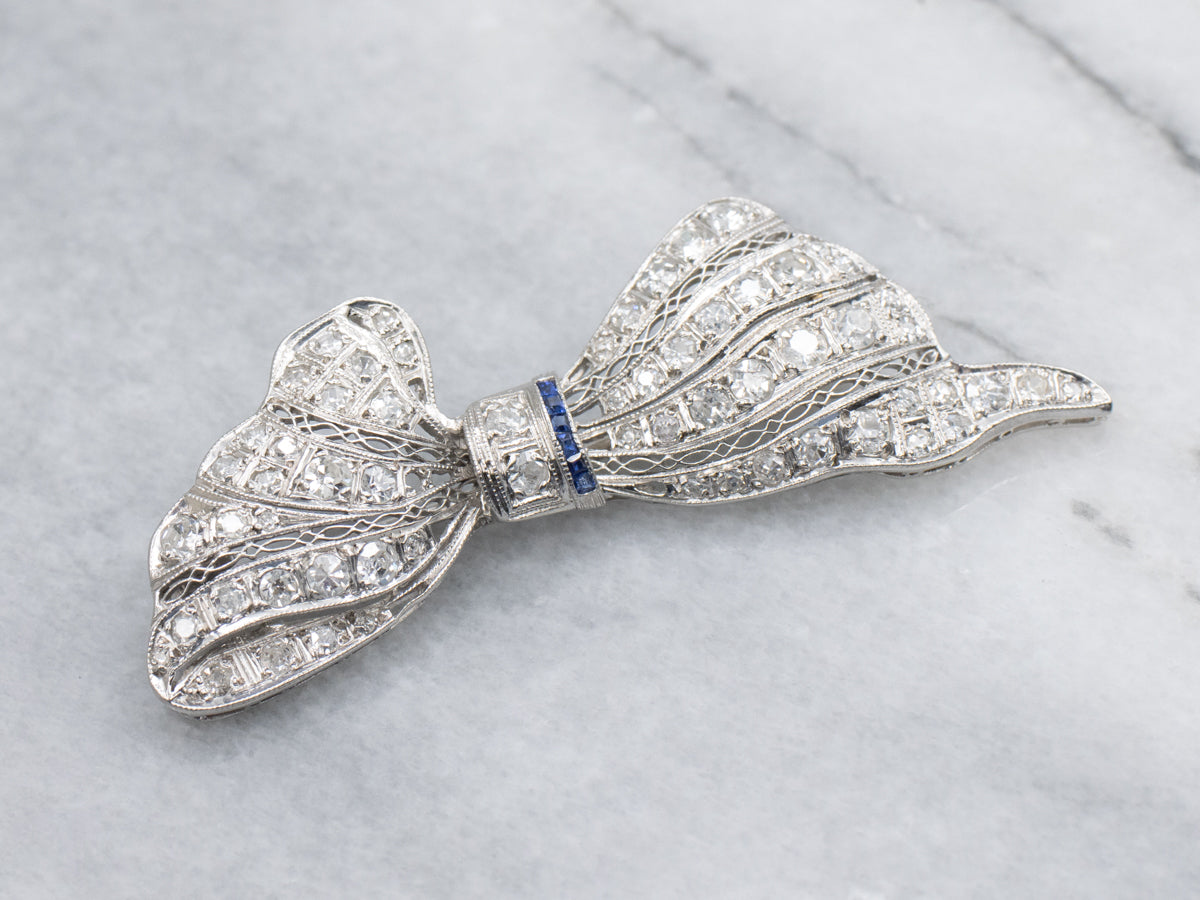 Platinum Art Deco Diamond and Sapphire Filigree Pin