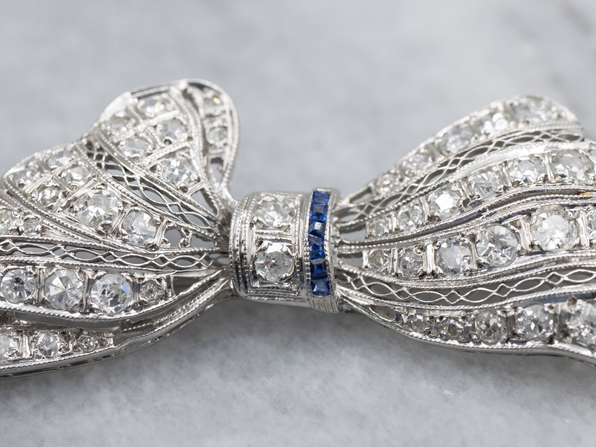 Platinum Art Deco Diamond and Sapphire Filigree Pin