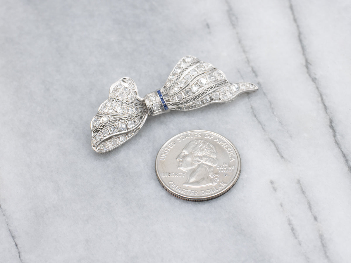 Platinum Art Deco Diamond and Sapphire Filigree Pin