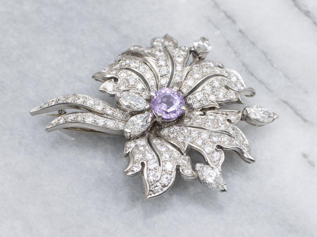 Spectacular Pink Sapphire and Diamond Retro Era Platinum Brooch