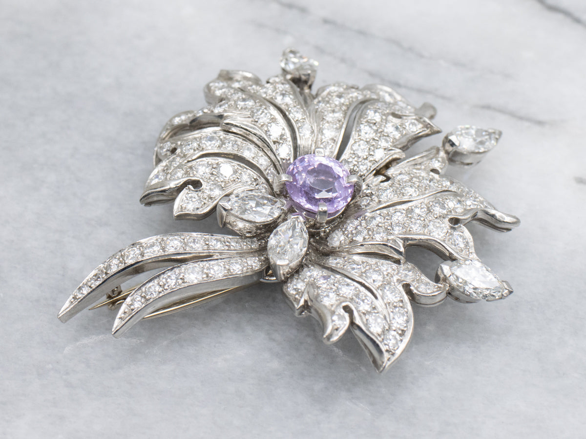 Spectacular Pink Sapphire and Diamond Retro Era Platinum Brooch